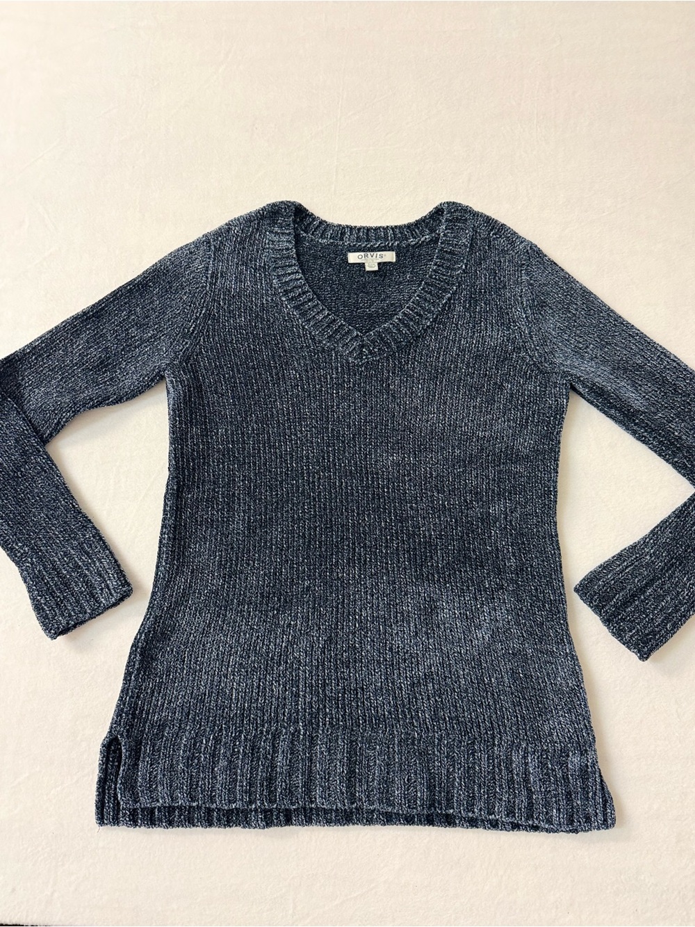 Orvis Women’s S Blue Chenille V-Neck Knit Cabin Core Cozy Casual Sweater